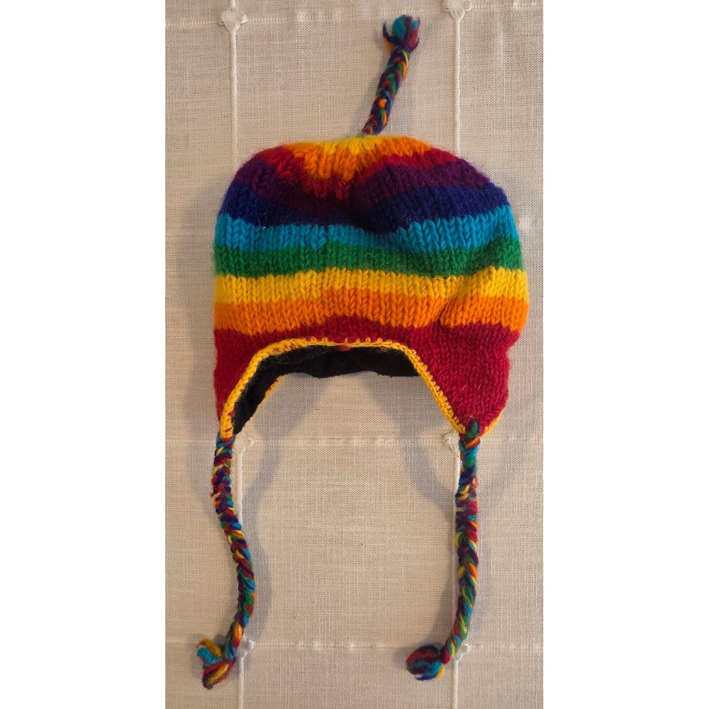 Handmade Rainbow Striped Wool Earflap Hat Nepal Fleece Lined Boho Chullo Beanie